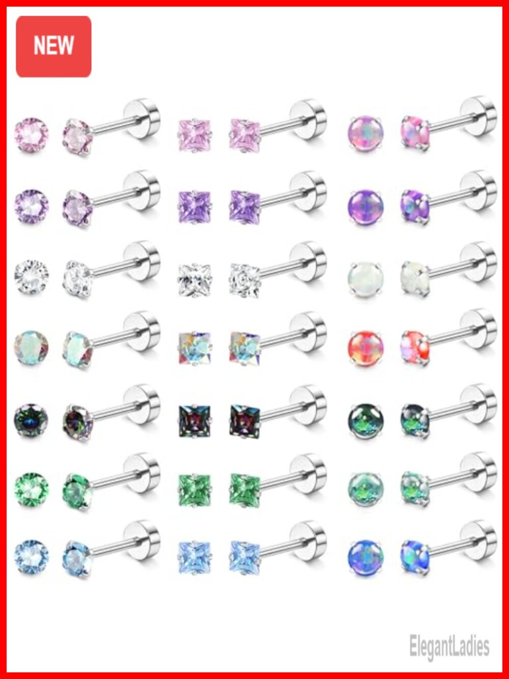 21 Pairs Hypoallergenic Surgical Steel Flat Back Stud Earrings Screw Back